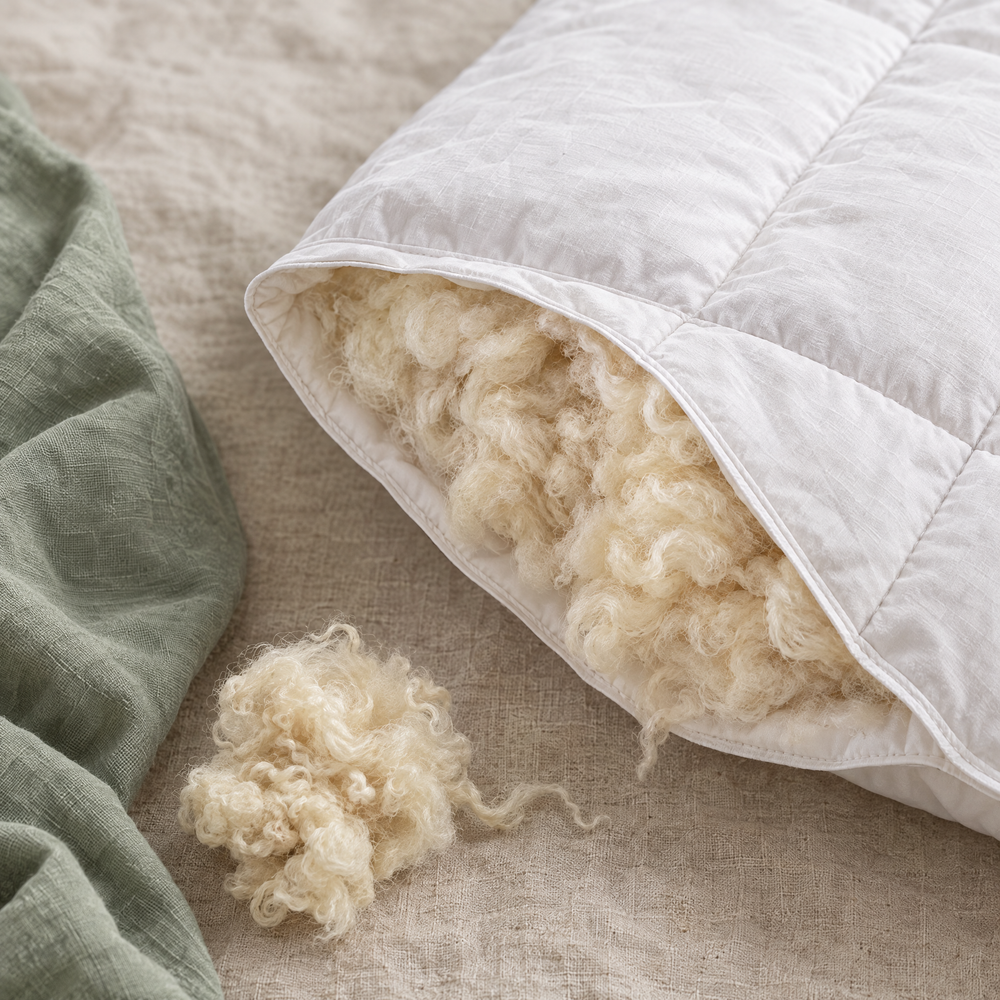 Yatakta serili %100 Merinos yün yorgan, beyaz pamuk kumaş ve kapitone dikiş